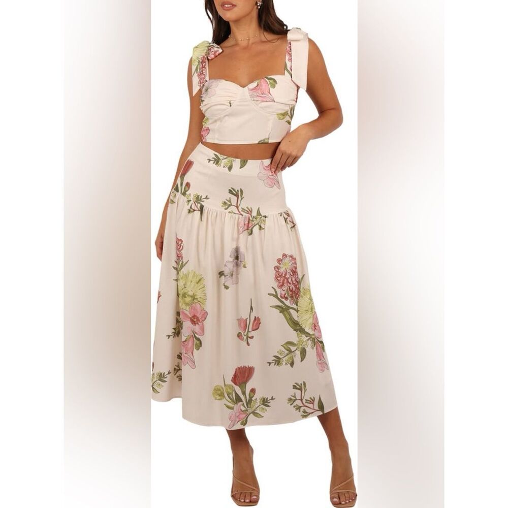 Pedal & Pup Kara Crop Top & Skirt Set Floral Cream Pink & Green Flowers Size L D